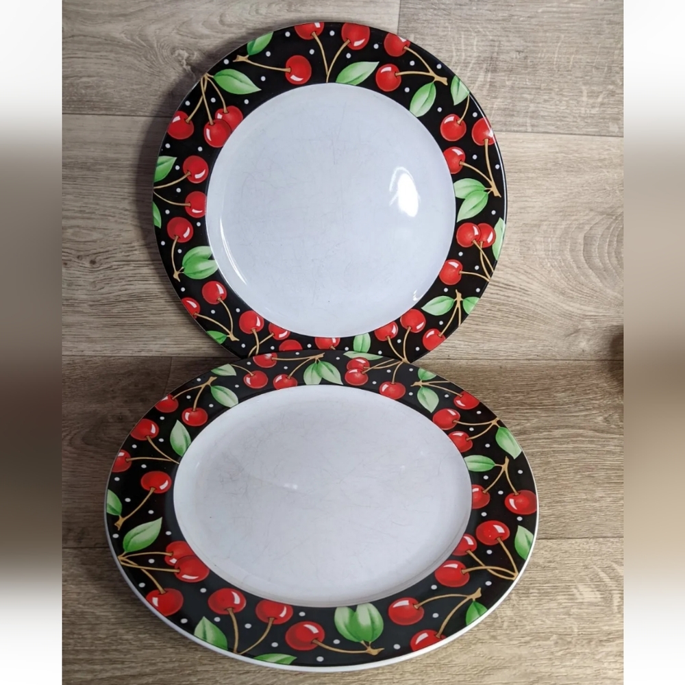 (2) SAKURA Mary Engelbreit CHERRIES Retired Dinner Plates 10-7/8"